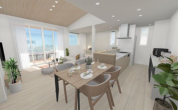 【完成予想図(内観)】【一部外構工事を含んでいます】
画像はイメージパースです。
リビングは南向きで、太陽が出ている時間帯は電気を点けなくても明るくお過ごしいただけます(^^♪