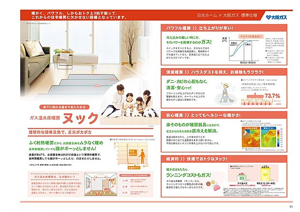 【ガス温水式床暖房【ヌック】】LDKには温水の床暖房完備♪輻射熱で足元から部屋中を暖める効果があります☆空気を汚さずお部屋もクリーンに保てます♪
床暖房は、風をおこさない輻射暖房だから、肌に風があたる不快感がないだけでなく、お部屋のホコリも巻き上げません。
温水の床暖房だから、輻射熱暖房でお部屋全体をムラなく暖め長時間暖房しても室内空気を汚さず頭がボーッとしません