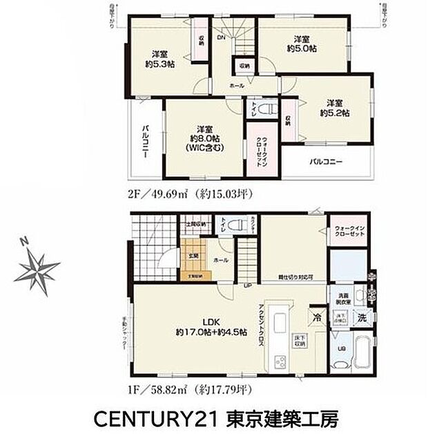 4LDK、土地面積132.39m2、建物面積108.51m2 ◆水回りをまとめた効率的な設計で、毎日の家事時間を短縮。WICや土間収納など、豊富な収納スペースも魅力の住まいです。