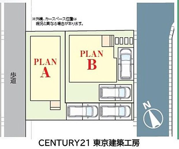 【区画図】来客時にも便利なカースペース2台分。自転車やバイク置き場としても活用しやすく、暮らしの幅が広がります♪