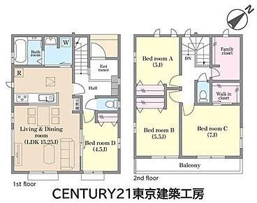 15.25帖のLDKを中心に、ご家族との会話が自然と広がる4LDKプラン。ファミリークロークやウォークインクローゼットなど収納も豊富に備えた使いやすい間取りです。 