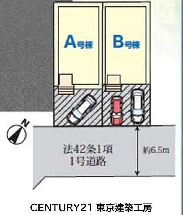 【全体区画図】広い前面道路で駐車もスムーズ、送り迎えも安心。ゆとりある道路環境が、忙しい毎日をサポートし、家族の暮らしを快適にします。