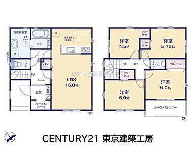 16帖のLDKを中心とした4LDKの間取り。玄関にはシューズインクローク、キッチン横にはパントリーを備え、各居室にも収納を確保。2階にはルーフバルコニーも設けています。 