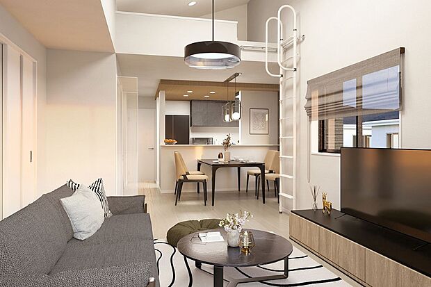 ■完成予想図(内観)■お洒落な勾配天井の広々20帖リビング!!嬉しいロフト付き