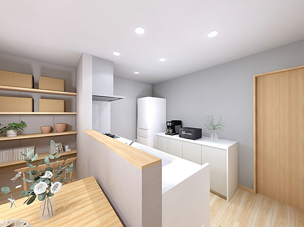 【イメージパース：リビング】
本を読みながら料理をしたり、家族とコミュニケーションを取りながら家事をしたり。毎日必ず使い、案外長い時間を過ごす場所だからこそ妥協したくない部分ですね♪