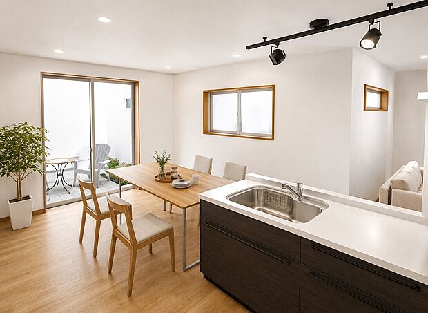【【プランAイメージパース:LDK】】アイランドキッチンのため家事動線がスムーズ!(建物価格2030万円・建物面積101.63m2)※こちらはイメージパースのため、実際とは異なる場合があります