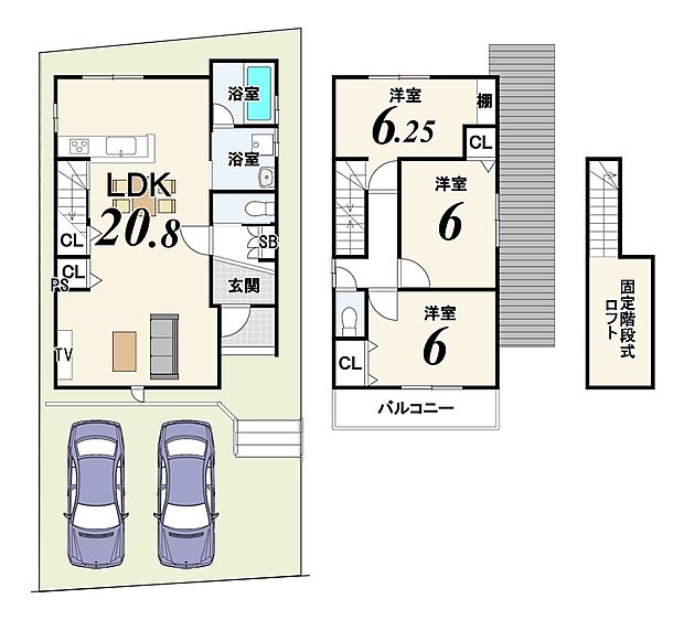 【建物プラン例（1号地）3LDK】
土地価格2699万円・土地面積106.17ｍ2、建物価格1925万円・建物面積87.62ｍ2