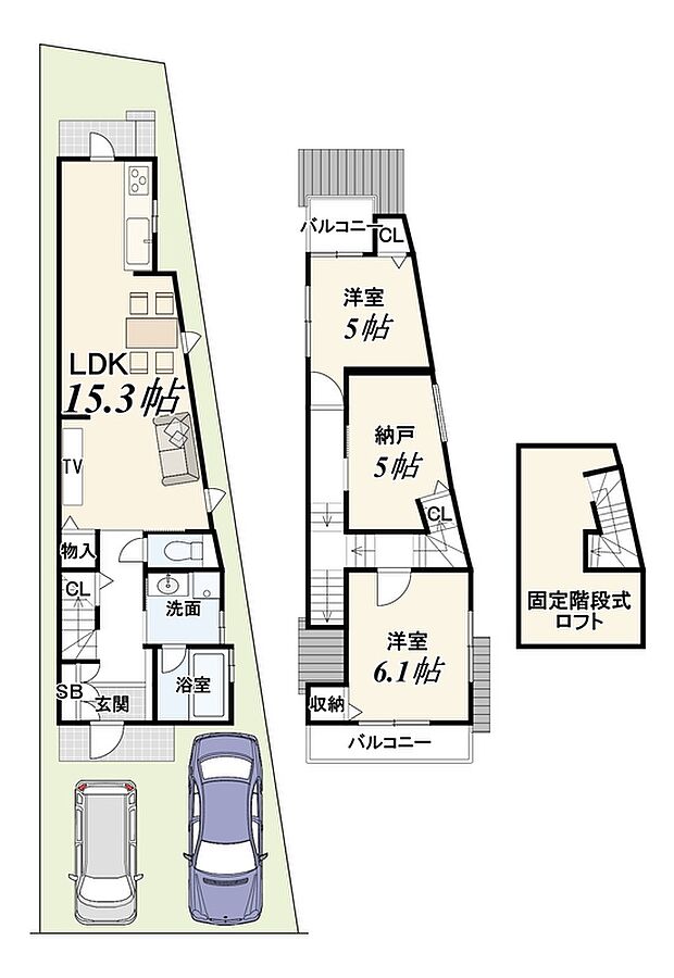 ■2面バルコニーで風通し・採光が良く、LDK15.3帖の開放感と全居室収納付きの使い勝手に優れた間取り。駐車2台可能で、家族の暮らしにゆとりと自由をプラスします。
