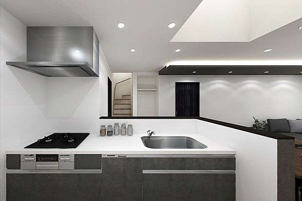 【キッチン】【イメージパース】リビングが見渡せる対面キッチンです。家事をしながらご家族と一日の出来事を話したり。コミュニケーションが取りやすく、家族の存在を近くに感じます。