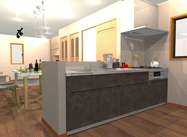 【キッチン】【1号地：キッチンイメージパース】
「いただます」「おかえり」もすぐそばで。ご家族の気配をいつも感じられる対面キッチン。