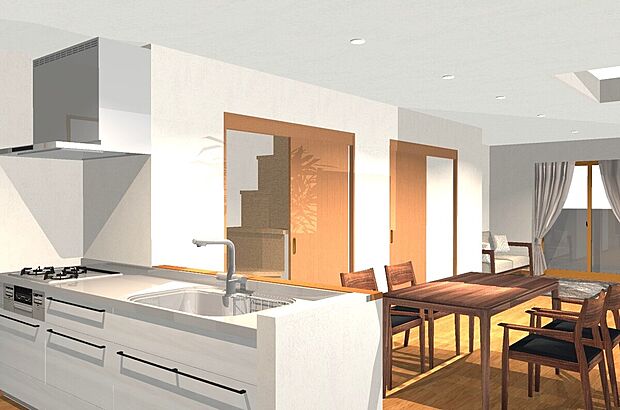 【【イメージパース(キッチン)】】■正面に遮るものがない対面キッチンで、リビングルームにいるご家族の様子を見ながら調理が可能。キッチンにいても家族と会話をしやすいのも嬉しいポイントです。