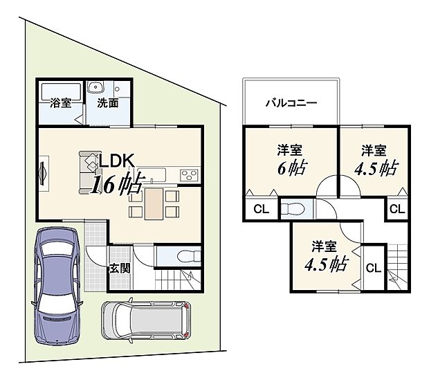 【【2号地:新築参考プラン】】建物面積:73.71m2/建物価格:2400万円