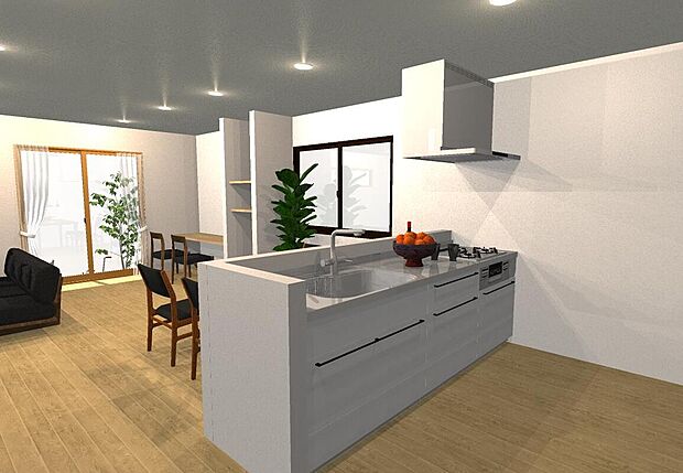 【イメージパース図：キッチン】リビングを見渡すことができる対面式キッキンは、家事をしていても家族の様子が見えて安心感があります。