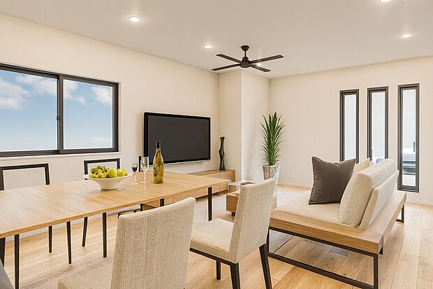 【パース図:リビング】リビングを必ず通るよう階段を配置。家族が顔を合わせる機会が自然と増える、ふれあいを重視した設計です。