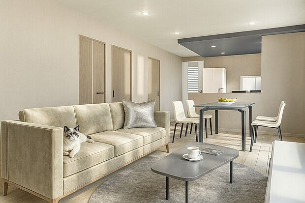 【パース図：リビング】リビングを必ず通るよう階段を配置。家族が顔を合わせる機会が自然と増える、ふれあいを重視した設計です。