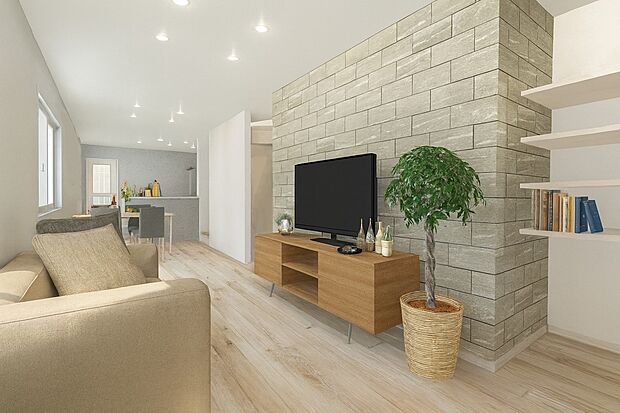 ■リビング18帖/イメージパース
リビングを必ず通るよう階段を配置。家族が顔を合わせる機会が自然と増える、ふれあいを重視した設計です。