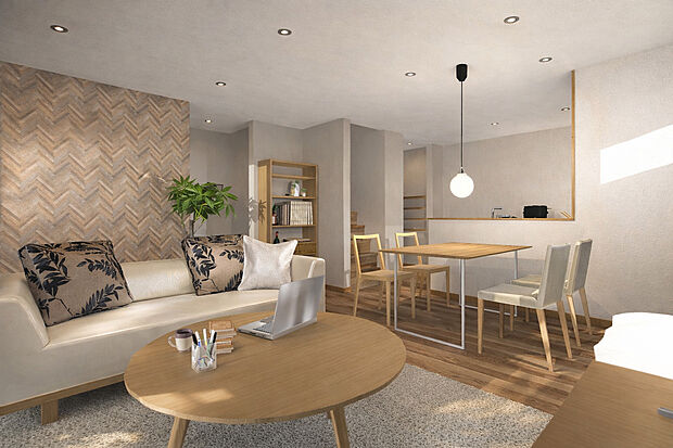 【1号地:リビングイメージパース】
人目が気になりにくい2階リビングでプライバシーが守られます。18帖超のゆったり空間は自然とご家族が集まり家族団らんの時間を過ごせます。