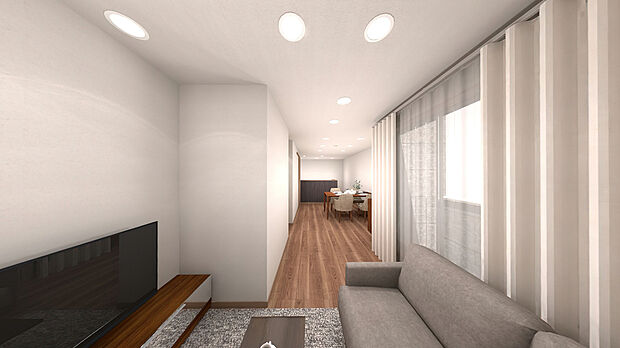 【リビング完成イメージパース】
2階リビングの為、人目が気になりにくくのびのびと生活ができます♪
※イメージパース図のため、実際の色味や材質とは異なる場合がございます