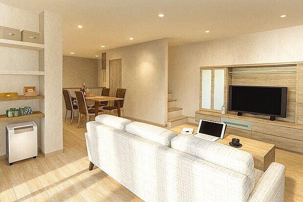 【【イメージパース/LDK18.4帖】】ご家族みんなで長い時間を過ごすリビングは一番居心地のいいものであって欲しいですね。開放感のある広々リビングに光と風を呼び込みます。