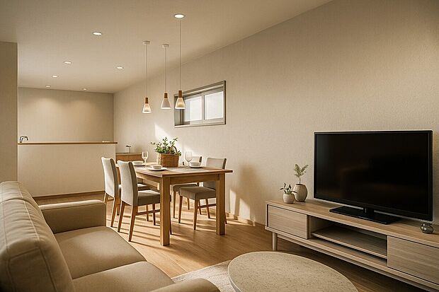 【【イメージパース/LDK14.5帖】】室内にいても、たっぷりの陽光と爽やかな風を感じて頂ける、開放感あふれるリビングです。
ご家族と穏やかに過ごす、心地の良い時間が流れます。