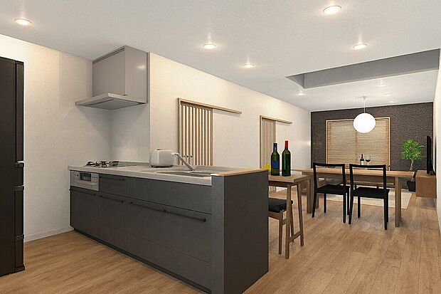 【【イメージパース】キッチン】対面キッチンのためご家族との会話を楽しみながら家事ができます。可動棚があり、スッキリ片付いたキッチンで作業ができますね♪