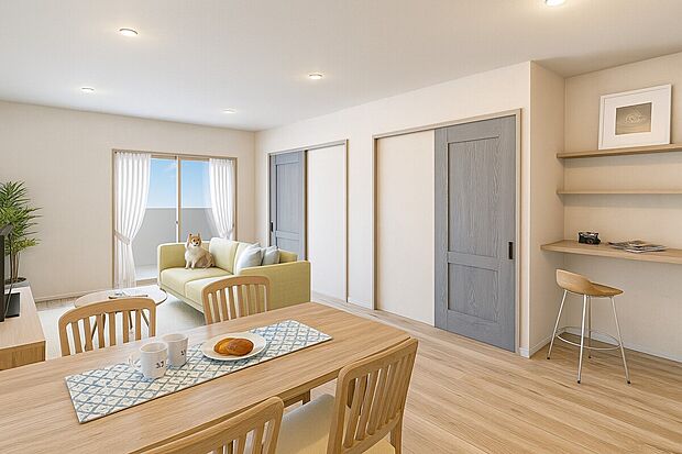 【【パース図:(2F)リビング18.5帖】】開放感のある2階リビングは日当たりもよく日中は明るい日差しが射し込みます。また、道路からの目線も気になりにくいのでプライバシーも守られやすいですね。