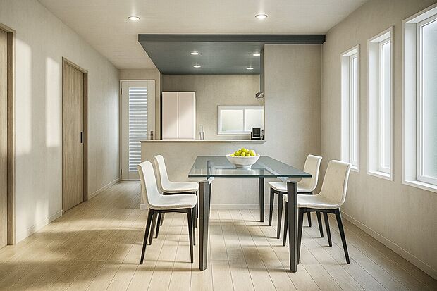 【【パース図：リビング】】リビングに階段があることにより家族のコミュニケーションが増えます！会話がなくても、顔を見ることで「今日は元気がないな」など、家族のささいな変化に気付くことができます！