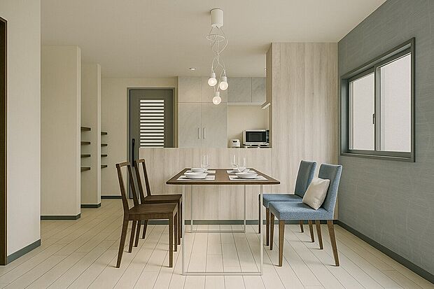 【LDK17.1帖/イメージパース】忙しい朝もしっかり家族が揃って食事をして頂けるゆとりある大きさのダイニングスペース。奥様が作る手料理をたくさん並べて頂き、テーブルで囲む健やかな食事の時間を存分に愉しんで下さい。