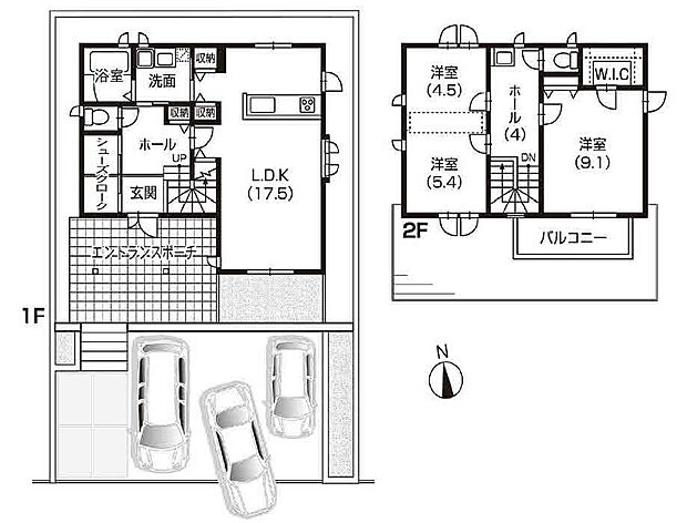 【３LDK+ウォークインクローゼット】LDK17.5帖は南向きで日当たり良好！
玄関には嬉しいシューズクローク付きなので靴がたくさんあっても収納できます。主寝室にはWICもあるので収納豊富です！洋室は、5.4帖と4.5帖と間仕切り可能！