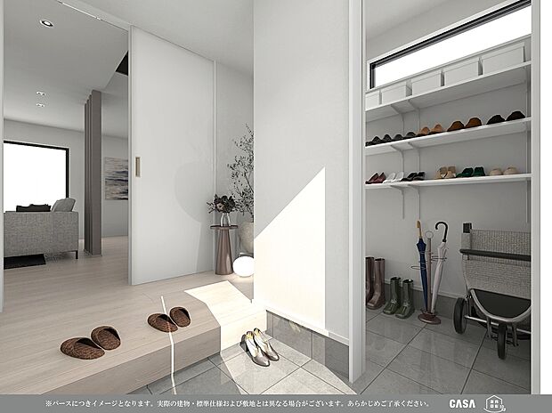 【完成イメージ図】シューズインクローゼットには普段履かない履物以外にベビーカーなども収納いただけます。