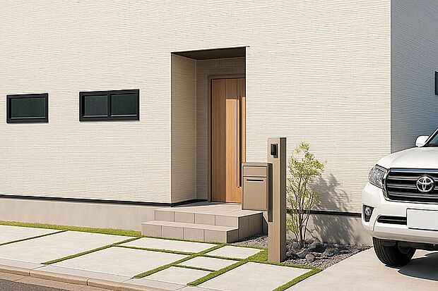 木目の玄関ドアがアクセント。あたたかく家族を迎える明るい玄関アプローチです。