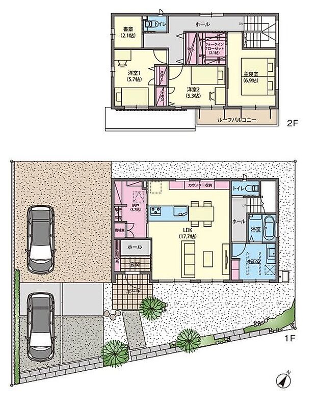 【3LDK＋W+2S】キッチン横には納戸があり収納豊富！洗面室も広く窓のある明るいスペースで、家事効率を考えられた間取りとなっております。南側接道で日当りの望める1邸です！