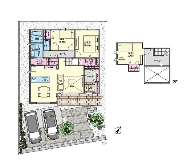 【 3LDK＋W】屋根型2階建て！LDKには、屋根勾配を利用した吹抜があり開放的な空間となっております！水回りの移動がスムーズで、家事効率を考えた間取りとなっております！