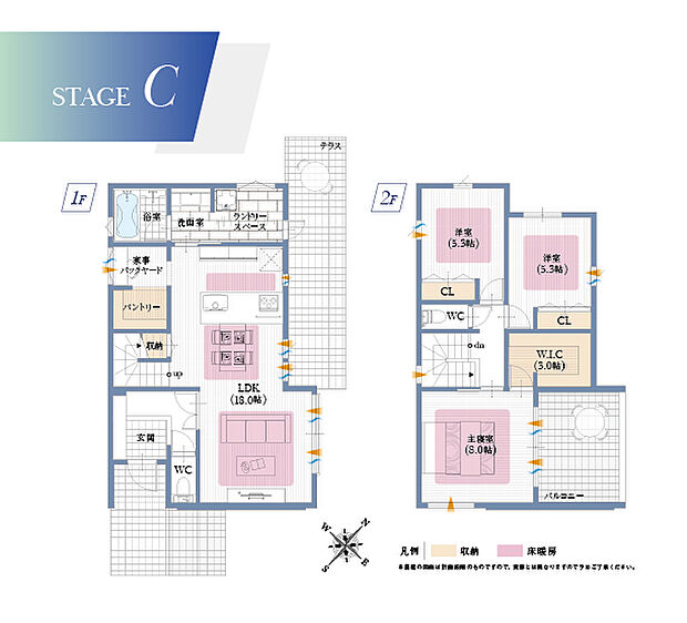 【3LDK】家事ラクの定番ランドリースペースはテラスに出られる勝手口を設けて外干しにも対応◎快適な家事動線を叶えたプランです。