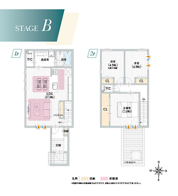 【【Ｂ号地／建物プラン例】】水回りをコンパクトにまとめた効率的な家事動線。スムーズな生活動線が、暮らしにゆとりと心地よさをもたらします。
建物面積：96.95m2