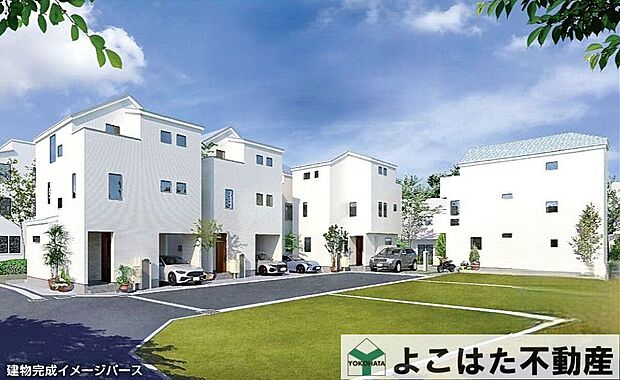 【外観パース図】柔らかい印象を与える白系で統一された外観。周辺の街並みとも馴染むシンプルなデザインです。