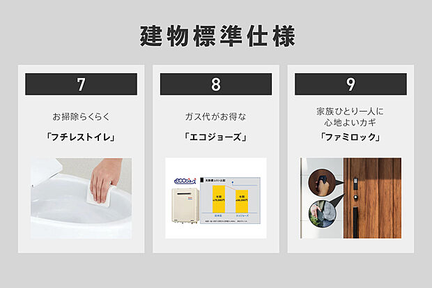 【建物標準仕様】・お掃除らくらく「フチレストイレ」
・ガス代がお得「エコジョーズ」
・家族ひとり一人に心地よいカギ「ファミロック」
