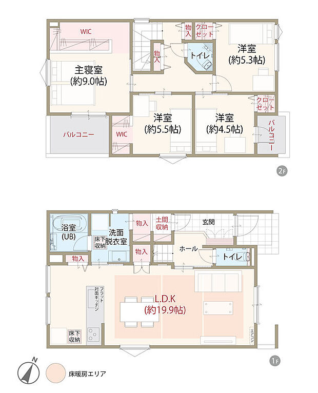 T-2／太陽光発電システム搭載、耐震等級3、断熱等級5、ZEH仕様の家、第一種換気&全熱交換換気、LDK広々19.9帖、主寝室ゆとりの9.0帖、ウォークインクローゼット、駐車スペース2台分