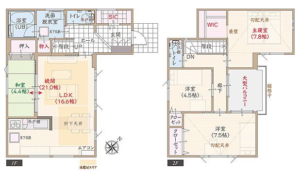 T-4／ワイド間口、駐車3台可、太陽光発電パネル搭載、耐震等級3、断熱等級5、ZEH仕様、LDK続間21帖、続間和室、上部勾配天井&大型WIC付主寝室広々7.8帖、大型SIC、大型バルコニー