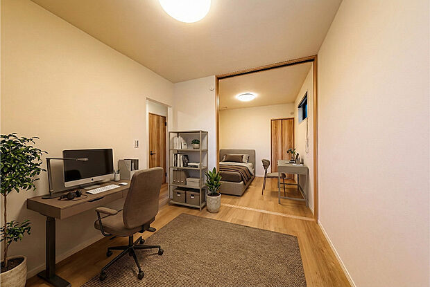 【洋室（続き間）】T-2／続き間洋室はゆったりとした時を育む多彩な空間。仕事に集中したり、静かに趣味を楽しんだりと、その日の気分で表情を変える癒しの場所になります。※家具はCGです。