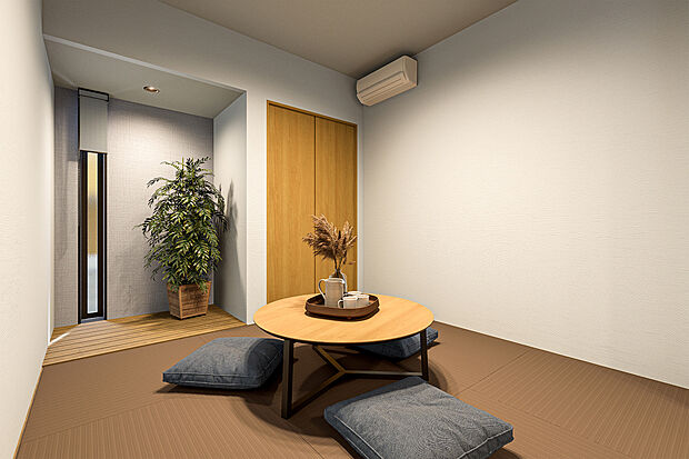 【和室完成予想図】T-3／和モダンでスタイリッシュな和室は、癒しと利便性を兼ね備えたユーティリティな空間。暮らしにプラスαをもたらす空間として便利に利用できます。ゲストルームやお子さんのお昼寝スペースとしても大活躍！
