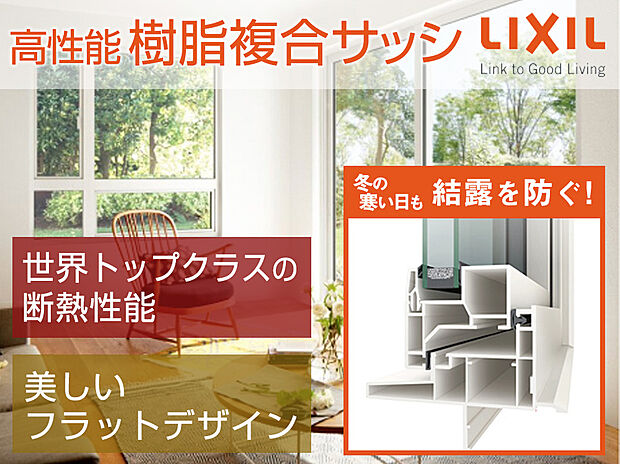 【アルミ樹脂複合サッシ【LIXIL/防火戸FGシリーズ】】アルミと樹脂のハイブリット構造で圧倒的な断熱性能を実現した樹脂複合サッシ。フレームをスリム化しガラス面積最大化にすることで熱伝導がよく、Low-E複合ガラスと組み合わせることで断熱性・遮音性・結露防止にも優れています。冬暖かくて、夏涼しい快適な暮らし。心地よい室内環境を守ります。
※平成28年省基準(建具とガラスの組み合わせによる開口部の熱貫流率/Low-Eガラス(空気層10mm以上))