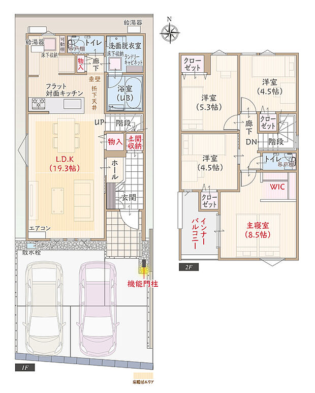 【4LDK】南向き、太陽光発電パネル搭載、ZEH仕様、断熱等級5、第一種換気&全熱交換換気、フラット対面キッチン付LDK広々19.3帖、ウォークインクローゼット付主寝室8.5帖、土間収納、優れた家事動線、インナーバルコニー