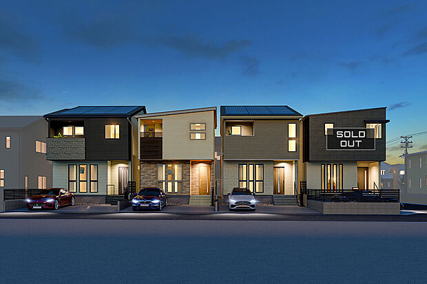 【外観完成予想図】T-1、T-2、T-3、T-4(ご成約済み)/駅徒歩10分の利便性がありながら、公園や商業施設も充実した穏やかな住環境。自然と都市機能が調和した街でのびやかな暮らしを育めます。