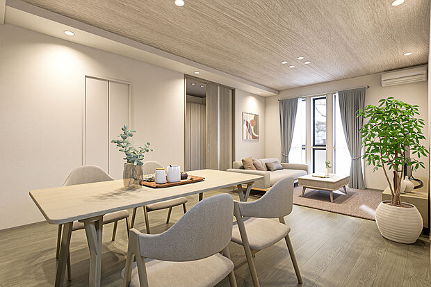 【リビングダイニング完成予想図】T-3/ダイニングからリビング、その先へ。遮るもののない視線の抜けが、圧倒的な広がりを演出します。光をたっぷりと取り込む明るいLDKで、家族の気配を感じながらもゆったりと寛げます。