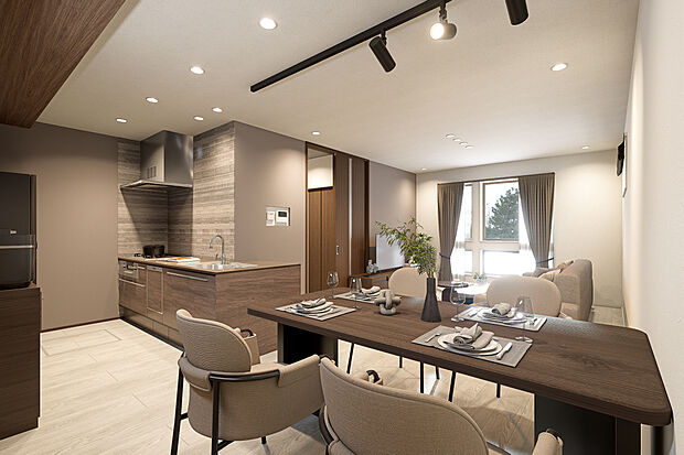 【リビングダイニング完成予想図】T-1完成予想図／程よい距離感を感じながら、思い思いの場所で過ごせる安心感のあるLDKには、家族で囲むテーブルも余裕を持って配置できます。子育てに集中しながらも心が憩う、家族だけの特別な空間です。