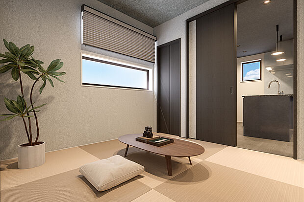 【和室完成予想図】T-1／市松柄に縁無し畳を敷き詰め、モダンに仕上げた和室。2面を開ければ開放感を、閉めて個室としても利用可能。