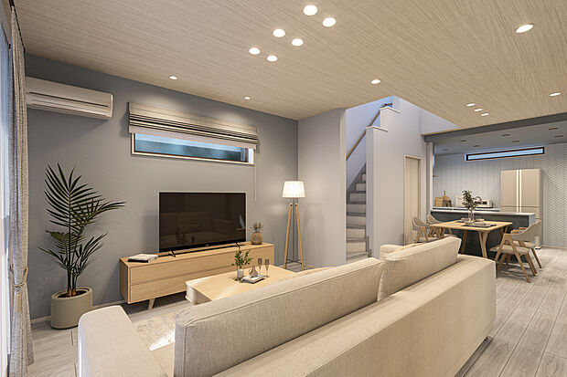 【リビングダイニング完成予想図】T-3／一体感が感じられる空間仕様で家族の繋がりもスマートに。リビング階段で互いの存在感が感じられる安心設計。