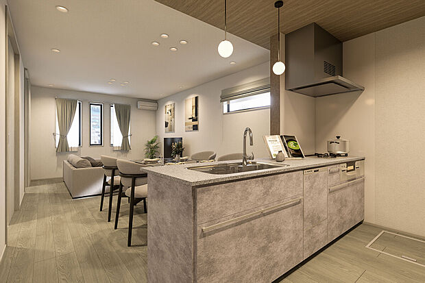 【キッチン完成予想図】T-1／フィオレストーンをあしらったクリナップのキッチンは、対面型で開放感たっぷり！毎日の家事に、心躍るひと時をもたらします。空間全体のつながりが感じられ、家族とのコミュニケーションも捗ります。