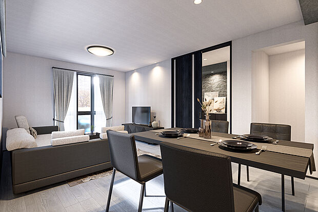 【リビングダイニング完成予想図】T-2／温もりと優しい光に包まれる、家族の笑顔が似合うLDK。広々空間で子どもたちがのびのび遊んだり、家族でくつろいだりできます。「おかえり」と「ただいま」が自然と交わる、あたたかい暮らしが叶います。